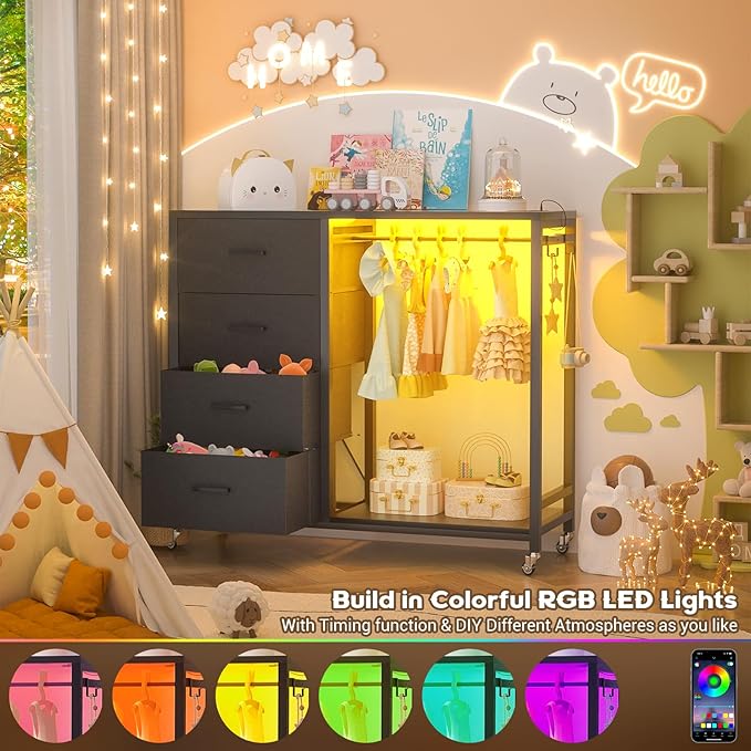 Cyclysio Dresser with Hanging Rack, 4 Fabric Drawers Dresser with Clothes Rack, Wooden Top Storage Chest of Drawers with Charging Station & LED Lights, Lockable Wheels, Closet