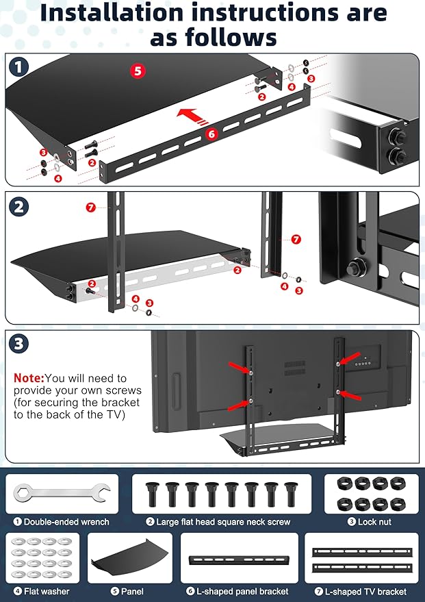 TV Wall Mount Shelf - Provides Storage Space for Set-top Boxes, DVD Players, Game Consoles, and Other Small Accessories. Sturdy Construction Supports 22 lbs