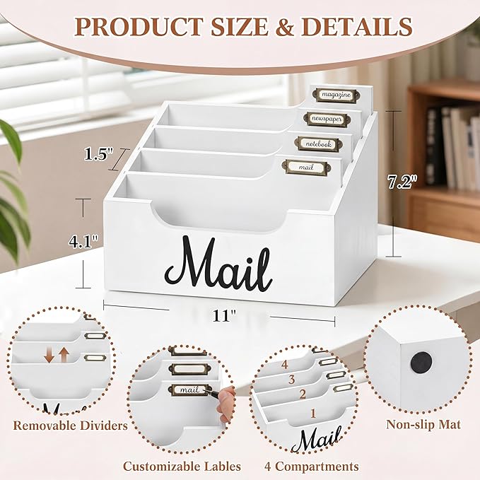 Rustic Wood Mail Organizer Countertop with 4 Slots, White Mail Holder for Desk, Removable Dividers Mail Sorter, Letter Bill File Organizer for Home Office Classroom, Desktop Organizer with Free Labels