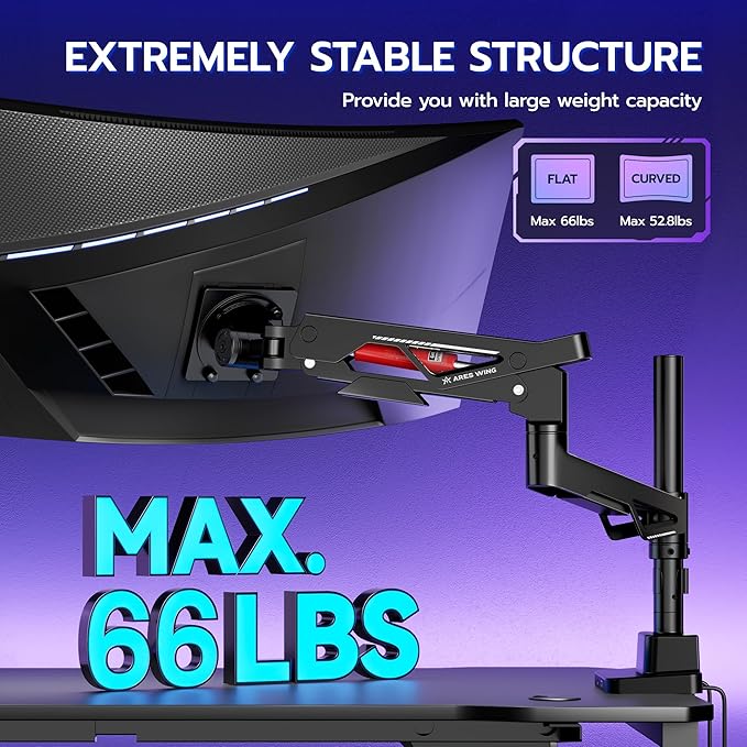 ARES WING Heavy Duty Monitor Arm, Ultrawide Monitor Stand up to 57“ and 66 Lbs, Gas Sprinq Monitor Mount with USB, Height Adjustable Arms Monitor Stand, Various VESA Mount with Clamp/Grommet Base