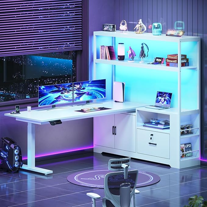 SEDETA 56.7" L Shaped Standing Desk, Reversible Computer Office Desk with Drawers & Hutch, Stand Up Corner Gaming Desks with LED Lights & Power Outlets for Home Office, White