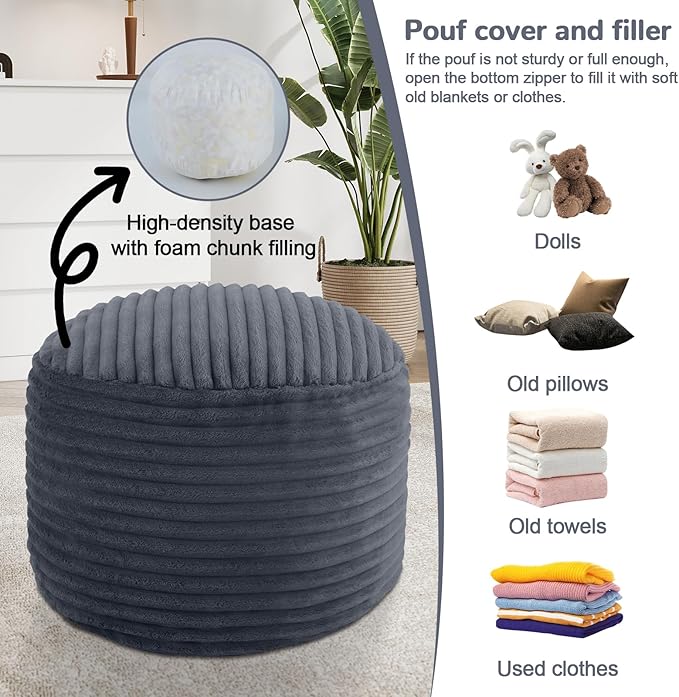MeMoreCool Stuffed Round Pouf Ottoman Foot Rest, Soft Plush Floor Pouf Foot Stool, Corduray Footstool Footrest, Small Round Ottoman for Living Room Couch Sofa Chair, 20x15 Inch Grey