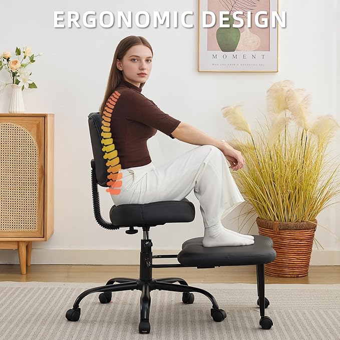 Criss Cross Legged Meditaion Chair,Exquisite Home Office Furniture,Ergonomic Kneeling with Lumbar Support and Adjustable Height Stool,for ADHD Adults,Teddy Fabric (Dark, Faux Leather)