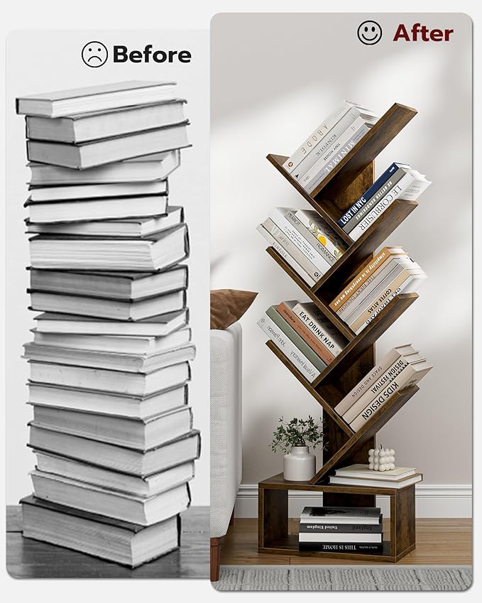 6 Tier Tree Book Shelf - Small Bookshelf Decor, Corner Bookshelf, Living Room Storage, Tall Narrow DVD & CD Shelf Storage Bookshelves, Comic Bookcases Standing for Bedroom or Office, Rustic Brown