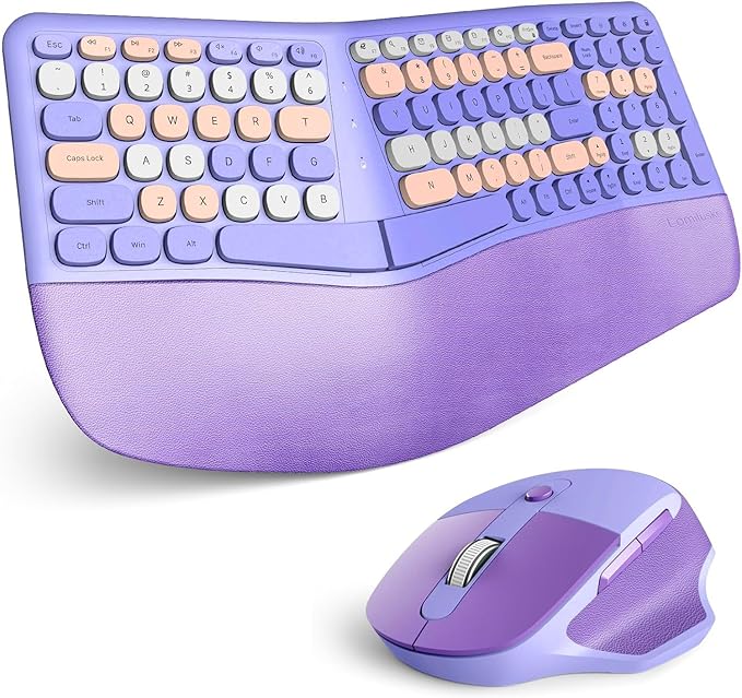Wireless Ergonomic Keyboard and Mouse Combo with PU Wrist Rest, Carpal Tunnel Keyboard, 2.4G Colorful Split Ergo Keyboard, Comfortable Natural Typing, Compatible with PC/Laptop (Purple)