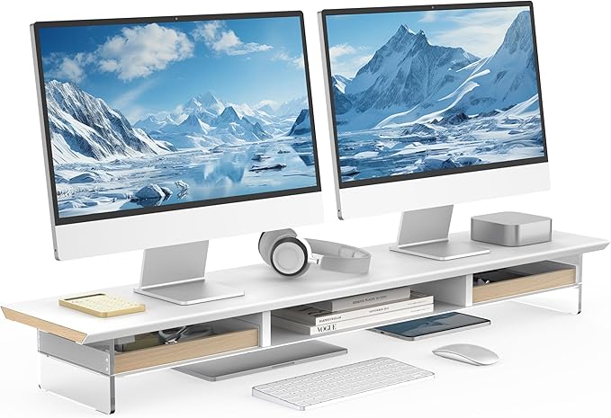 Fenge 42.5” Dual Monitor Stand with 2 Drawers, Metal Wood Monitor Riser with Acrylic Legs, 2-Tier Desktop Shelf Storage Organizer for Computer, Laptop, Printer, TV, White