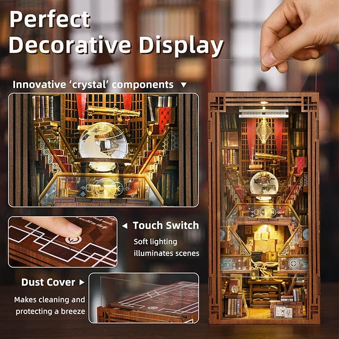 MiniCity Book Nook Kit, DIY Miniature Dollhouse Booknook Kit, 3D Wooden Puzzle Bookend Bookshelf Insert Decor with LED Light for Teens and Adults (Beyond Library)