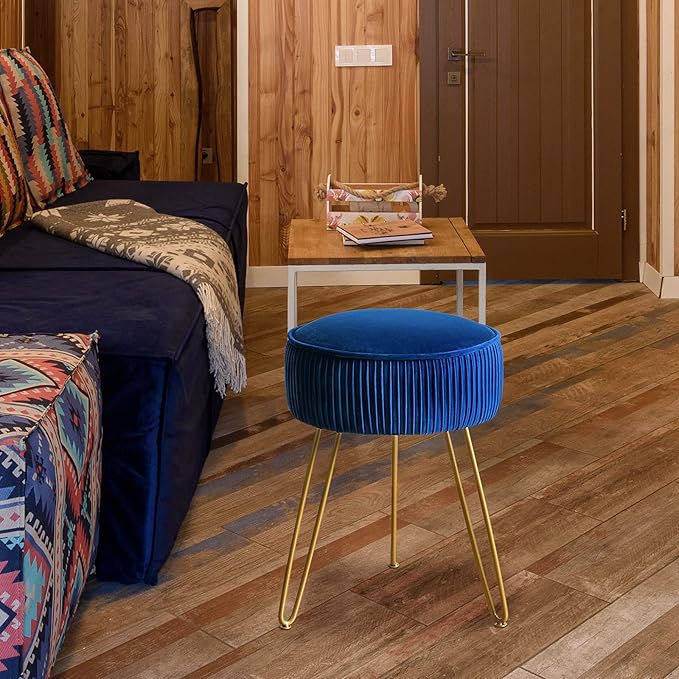 LUE BONA Pleated Vanity Stool, Velvet Upholstered Vanity Stool for Makeup Room, Ottoman Footrest with Metal Legs for Living Room, Bedroom, RoyalBlue