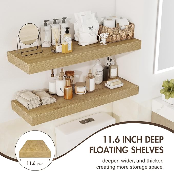 Acovy 24 Inch Floating Shelves, 12" Deep Floating Shelf Wall Mounted, 24" Wall Shelves, Rustic Deep Bookshelf, Extra Deeper & Thicker Display Shelves for Bedroom, Living Room, Oak, Set of 2