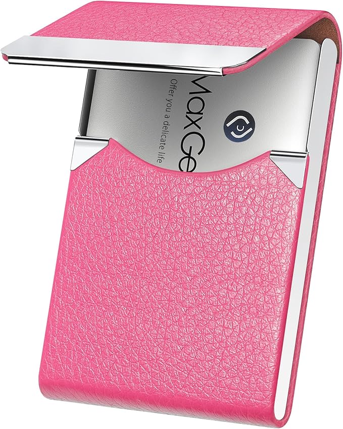 MaxGear Business Card Holder, Slim PU Leather & Stainless Steel Business Card Case for Men & Women, RFID Blocking Name Card Holder with Magnetic Closure, Rose Red