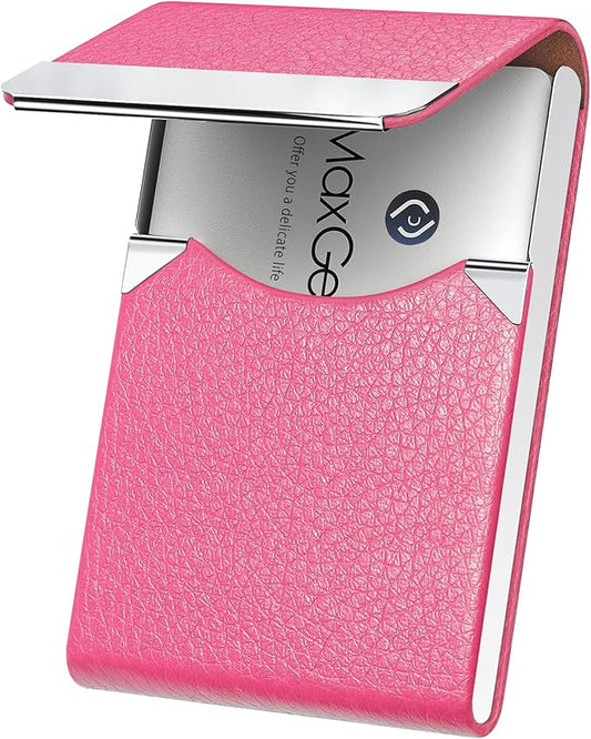 MaxGear Business Card Holder, Slim PU Leather & Stainless Steel Business Card Case for Men & Women, RFID Blocking Name Card Holder with Magnetic Closure, Rose Red