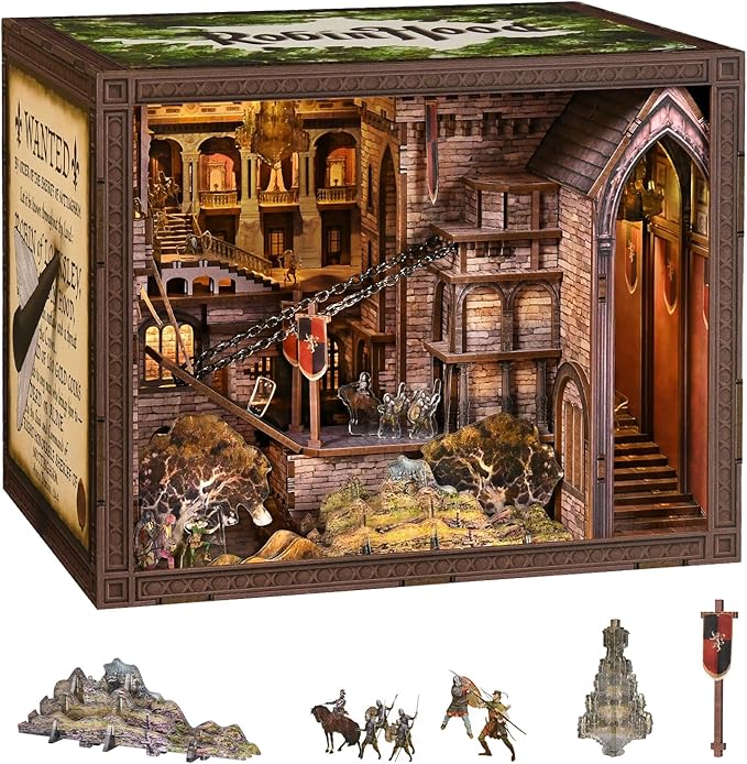 MiniCity DIY Book Nook Kit - The Castle's Escape 3D Miniature Wooden Scene with LED Lights, Dustcover & Tools for Shelf Decor (Robin Hood)