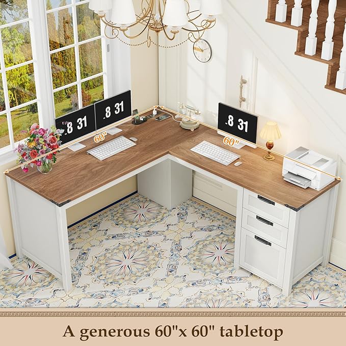 Vabches Farmhouse L Shaped Executive Desk, Corner Computer Desk with Drawers and Storage Shelf L-Shaped Standing Executive Desks with Power Outlets for Home Office, Study, Bedroom (White and Brown)