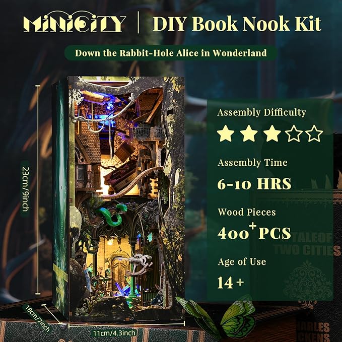 MiniCity DIY Book Nook Kit, DIY Miniature Dollhouse with Lights for Adults and Teens (Down The Rabbit-Hole Alice in Wonderland)
