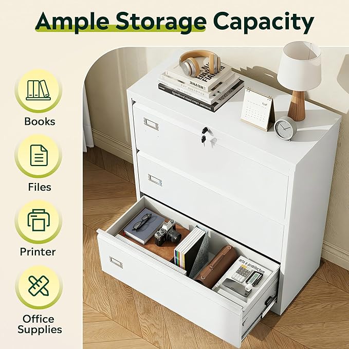 DEVAISE Metal Lateral File Cabinet with Lock, 3 Drawer Filing Cabinet with Business Card Holder, Suitable for Home Office School Hanging Files Letter/Legal/F4/A4 Size, White