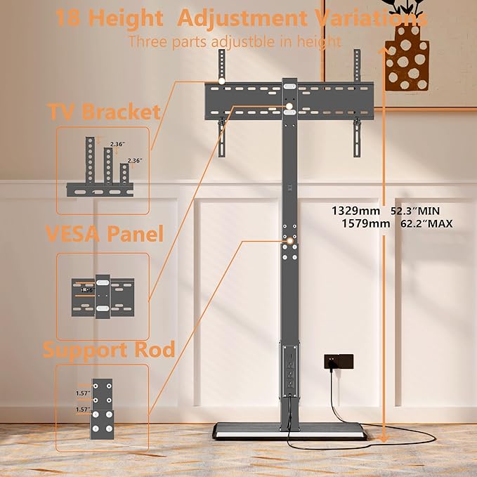 Afaloona Universal Floor TV Stand,TV Floor Mount Stand with Power Outlet for 32-75 inch TV up to 110 lbs, Swivel and Height Adjustable Tall TV Stand for Bedroom,Office(TCP01-M-A01)