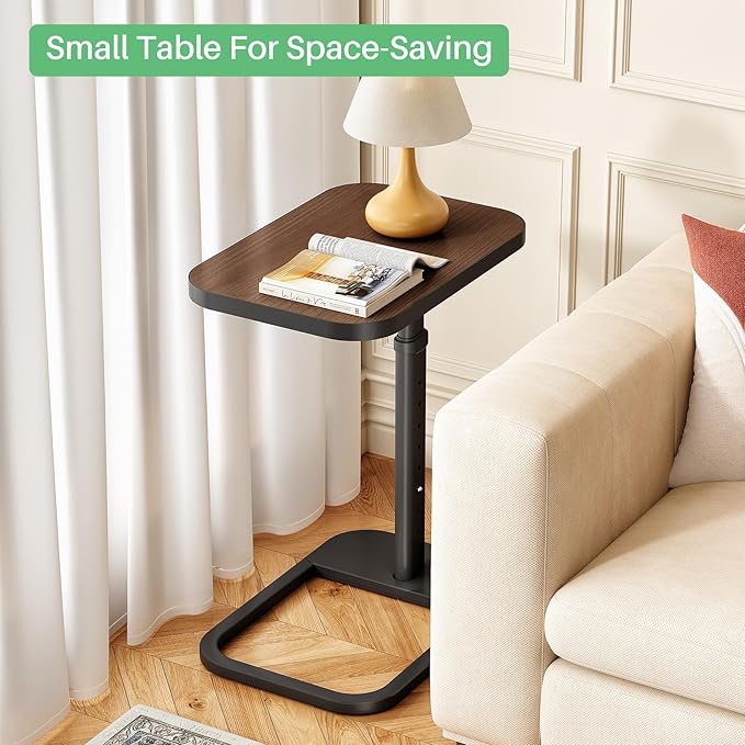 Kitstorack Adjustable Height C-Shaped End Table, 9-Level Side Table with Metal Rounded Edge, Couch Table that Slides Under Sofa or Bed, Eating, Working, and Drinks, TV Tray for Small Spaces, Espresso
