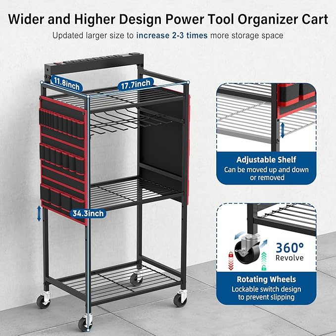 JUNNUJ Garage Large Power Tool Organizer Cart with 8 Outlet 3 USB Charging Station, Floor Rolling Drill and Tools Battery Storage Cart on Wheels, Heavy Duty Utility Rack Shelf with 10 FT Power Strip