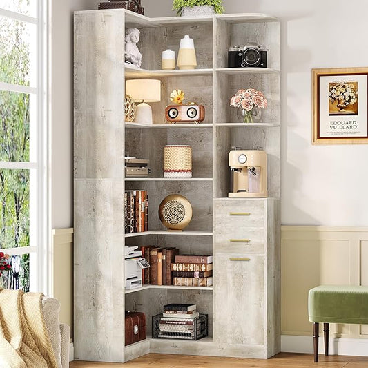 IRONCK Corner Bookshelf, 76" Tall Corner Bookshelves, 6 Tiers L-Shaped Bookcase with 10 Open Shelves and 2 Storage Drawers for Living Room or Home Office