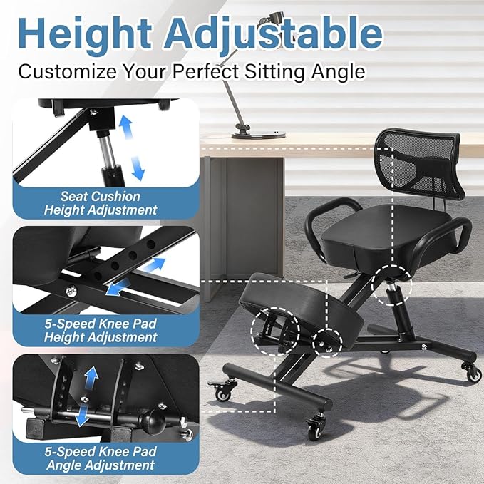 Ergonomic Kneeling Chair with Backrest, Kneeling Chair with Locking Wheels, Adjustable Height Kneeling Support Chairs, PU Computer Kneel Chairs for Living Room