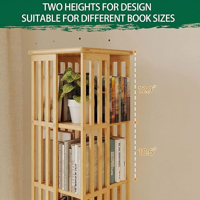 Lauxery Rotating Bookshelf Tower– 6 Tier 360° Spinning Bookshelf | Space-Saving Floor Standing Bamboo Revolving Bookcase for Small Space, Home Offices & Reading Corners | Nature