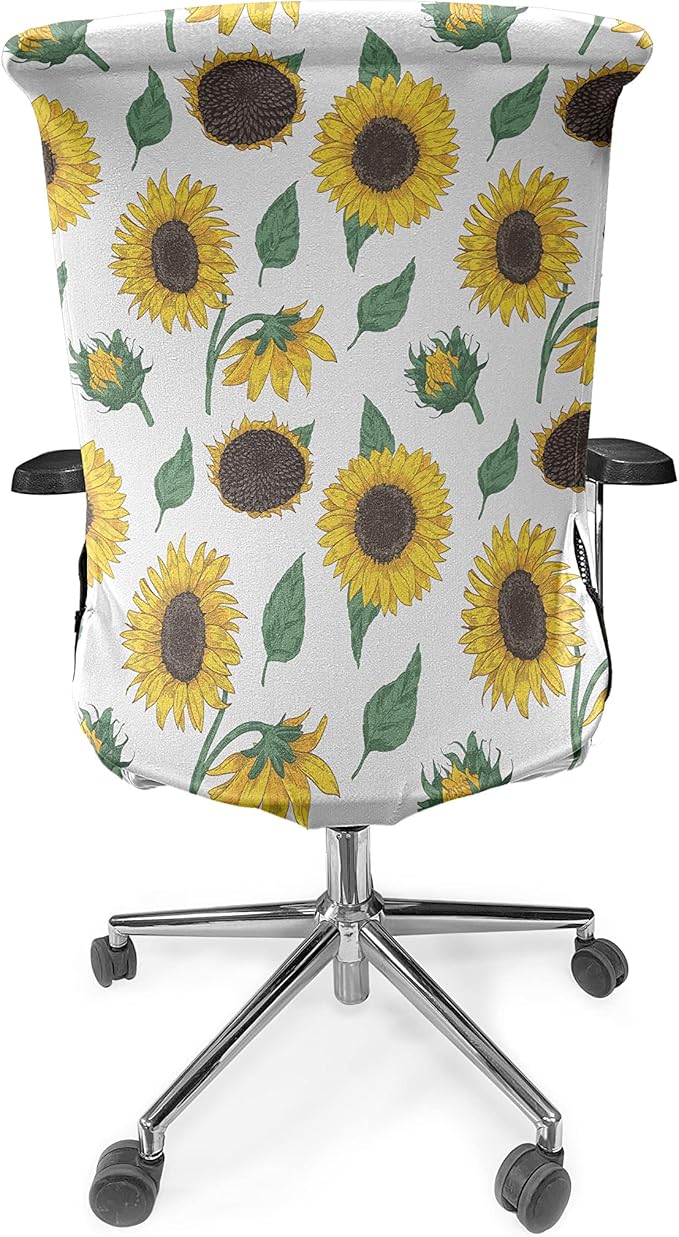 Ambesonne Sunflower Office Chair Cover, Agricultural Pattern Botanical Inspiration Hand-Drawn Flowers, Stretchable Decorative Universal Size High Back Printed Slipcover, Green Brown