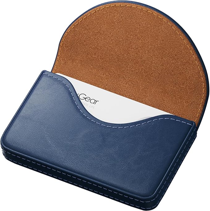 MaxGear Business Card Holder Case, PU Leather Business Card Case for Purse, Pocket Travel Name Card Holder Wallet for Men or Women Gift, Portable Magnetic Business Card Carrier, Slim & Stylish, Navy