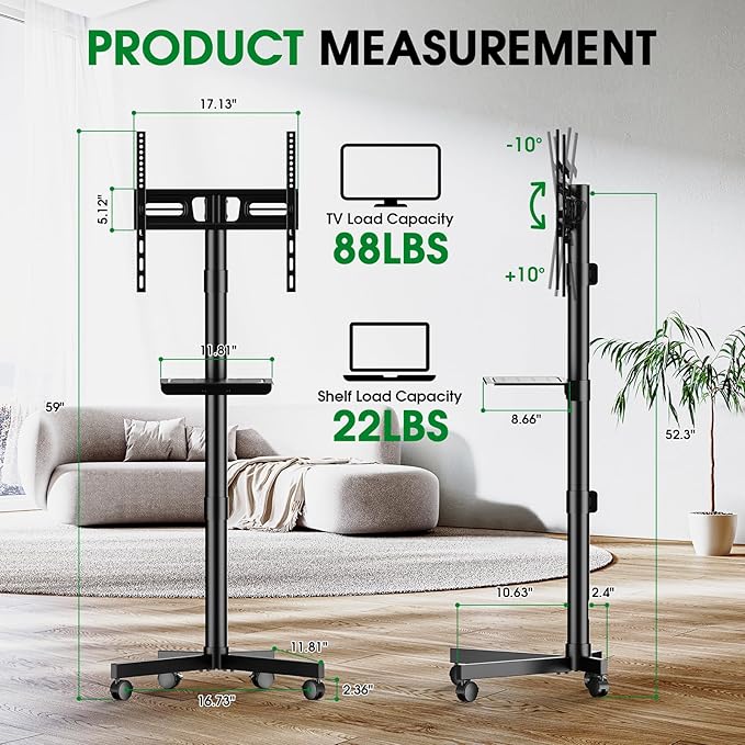 Mobile TV Cart Rolling TV Stand for 23-60 Inch LCD LED Flat Curved Screens up to 88 lbs, Height Adjustable Portable TV Stand on Wheels with Shelf, Outdoor TV Stand Mount, Max VESA 400x400mm, Black