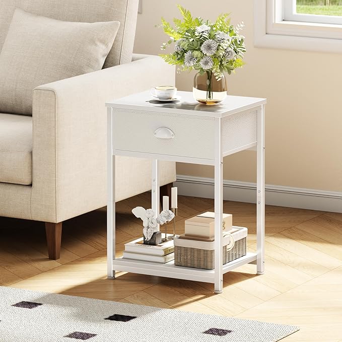 Furologee White Nightstand with Fabric Drawer, Small Side Table for Small Spaces, 2 Tiers Storage Shelves End Table, Night Stand for Living Room, Bedroom, Dorm
