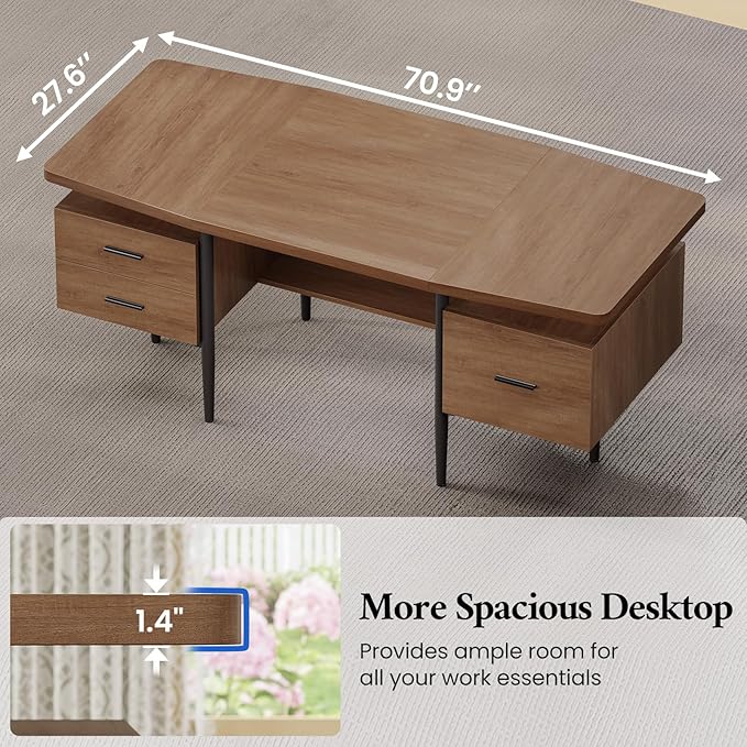 70.9" Modern Executive Desk, Wooden Computer Desk with 2 Drawers and File Drawer, Privacy Panel & Open Storage Shelf, Large Home Office Writing Desk, Brown