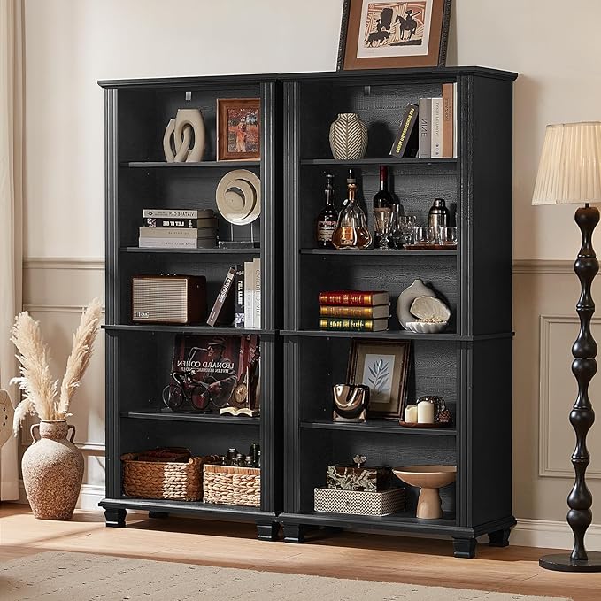 SAVOR LIFE 70" Tall Black Bookshelf,5 Tier Wooden Book Shelf with Adjustable Shelves & Wood Legs,Free Standing Farmhouse Bookcase with Open Display Storage,Vintage Bookshelves for Living Room,Office
