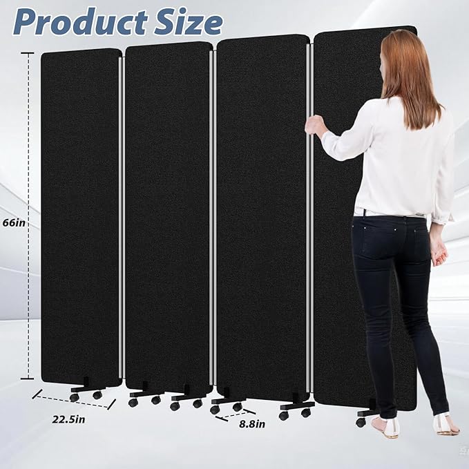 Room Divider Soundproof Privacy Panel with Wheels, 4 Panel Wall Divider (Aluminum Frame) for Room Partition, Folding Room Dividers Space Separation Office Cubicle Wall Divider Sound Proof Separator