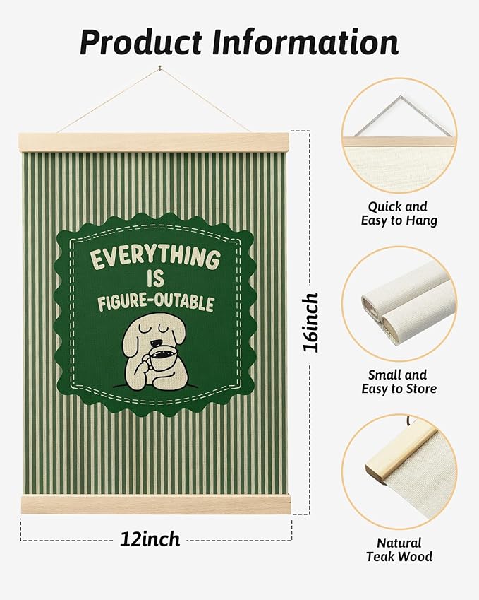 FGFK Everything is Figureoutable Inspirational Dark Green Wall Art Poster Hanger Frame, Motivational Dog Positive Affirmations Canvas Prints Framed Wall Decor for Home Office Classroom, 12x16 Inch