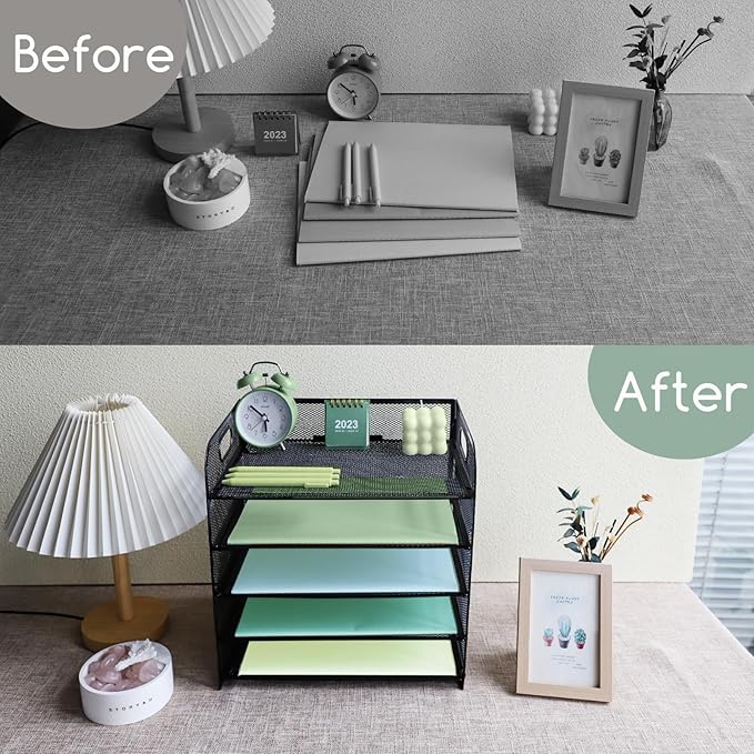 Paper Letter Tray with Handle, 2 Pack 5 Tier Metal Mesh Desk File Organizer, A4 Paper Desktop Filing Trays, Desk Tidy Magazine Document Holder for Home Office, Black
