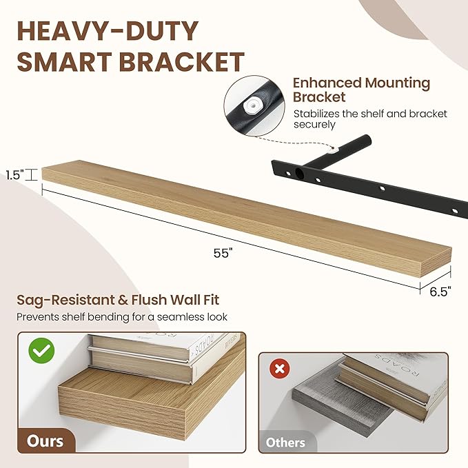 Acovy 55 Inch Floating Shelves for Wall 2 Pack, 55" Wall Shelves for Books, Storage, Decor, Wall Mounted Floating Shelf with Invisible Brackets for Kitchen, Living Room, Oak