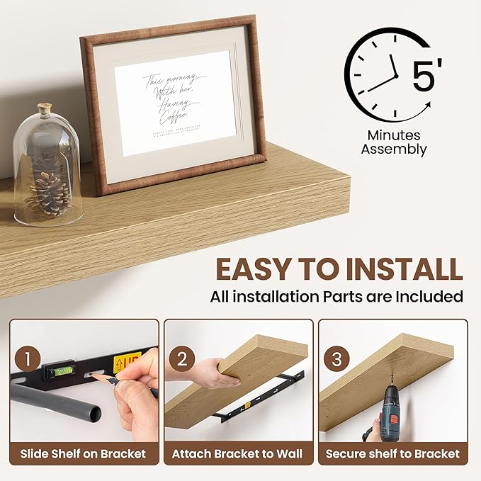 Acovy 40 Inch Floating Shelves for Wall 2 Pack, 40" Wall Shelves for Books, Storage, Decor, Wall Mounted Floating Shelf with Invisible Brackets for Kitchen, Living Room, Oak