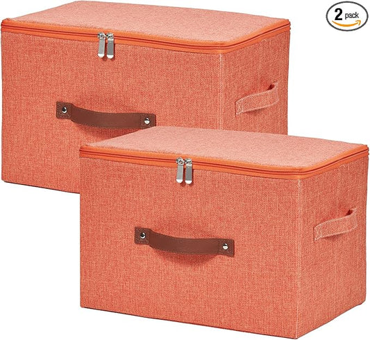 2 Pack Storage Bins with Zipper Lid Cotton Linen Fabric Lidded Storage Baskets Boxes Foldable Washable Closet Shelf Clothes Organizer Container with PU Leather Handles (Orange, Large)