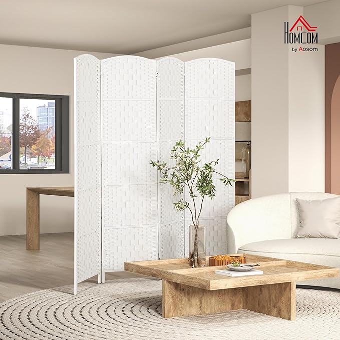 HOMCOM Room Divider 4 Panel, 6FT Tall Folding Privacy Screen, Freestanding Hand-Woven Partition for Room Separation with 360° Hinges, Paper Rope Diamond Weave, White