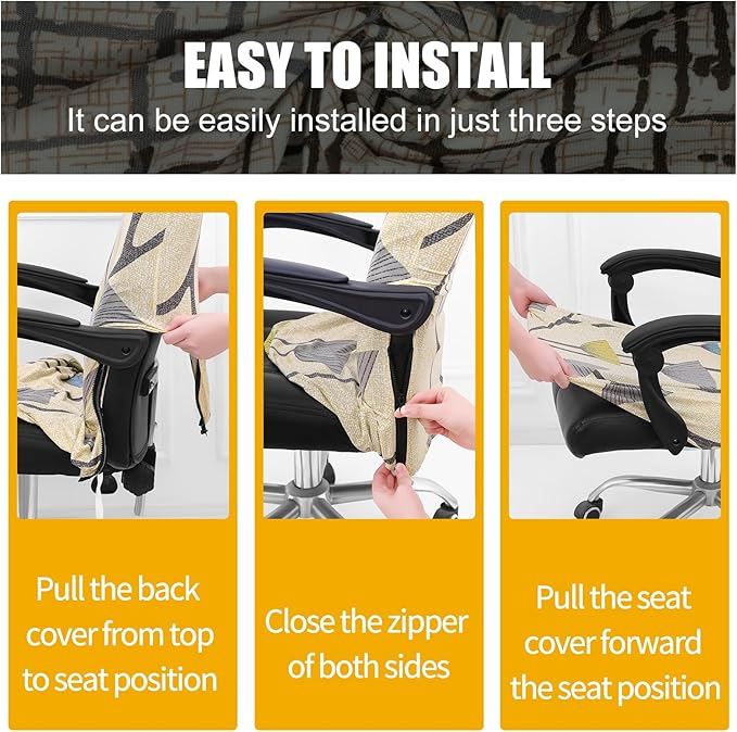 Smiry Stretch Printed Office Computer Chair Covers, Universal Desk Rotating Chair Slipcovers Removable Washable, Soft Fit Anti-Dust Spandex Protector Cover with Zipper, Yellow and Grey