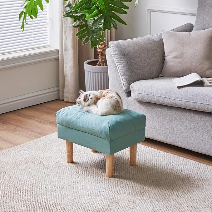 YMYNY 15.75" Small Footstool Ottoman, Footrest with Sponge Padded Seat, Step Stool for Sofa, Bedroom, Living Room, Entryway, Modern Change Shoes Stool, Wood Legs, Greenish Blue, UHBD023T