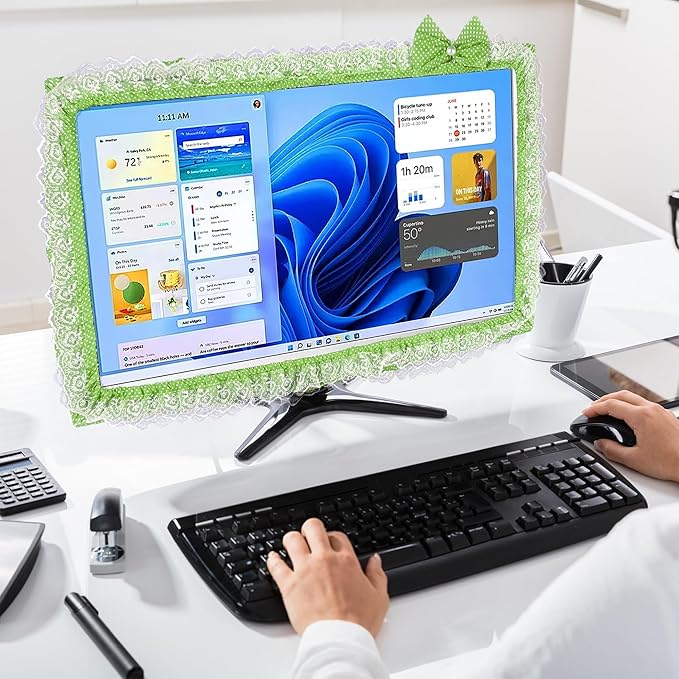 2 Pack Cute Computer Monitor Cover, 23''-26'' Elastic Monitor Dust Cover with Bow Knot, Lovely Monitor Accessories Screen Monitor Decoration for Tablet (Green)