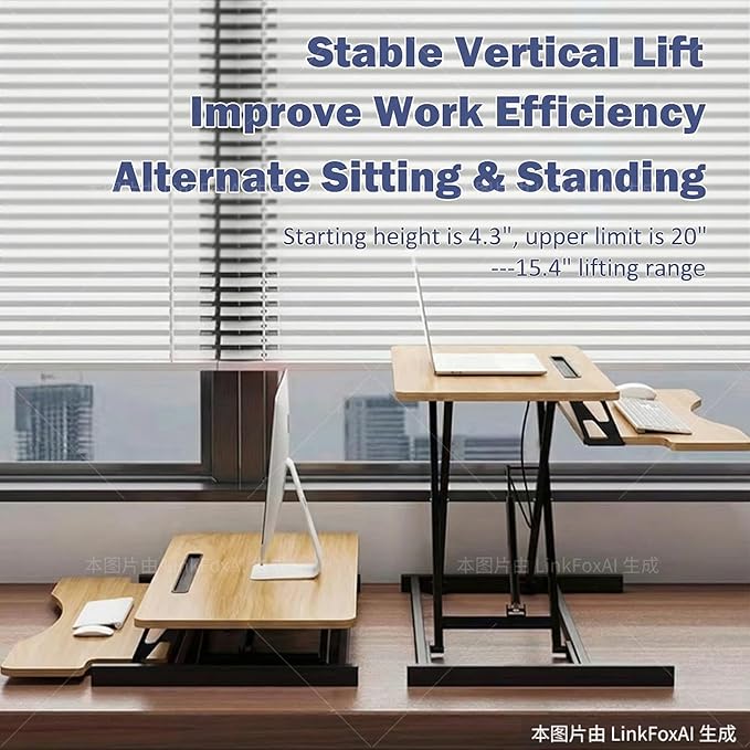 32 Inch Height Adjustable Stand Up Desk Riser, Heavy Duty Computer Workstation with Removable Keyboard Tray - Ergonomic Design for Home Office Workshop Gaming, Spacious Platform(Natural)