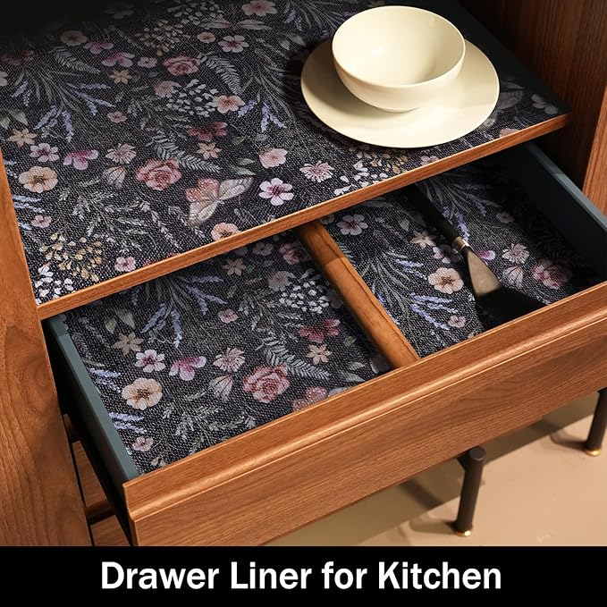 24IN x 10FT Butterfly Shelf and Drawer Liner for Kitchen Cabinets, Non-Adhesive and Strong Non-Slip Floral Shelf Cabinet Drawer Liners for Kitchen, Waterproof Cupboard Liners,Easy to Clean