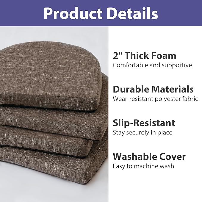 IPYNBAP Chair Cushions for Dining Chairs, Kitchen Chair Cushions, 16'' x 16'' x 2'', Non Slip Indoor Seat Cushions, Chair Pads for Dining Chairs with Ties & Removable Cover, Set of 4, Brown