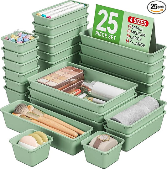 KEMETHY 25 PCS Plastic Drawer Organizers Set, 4 Sizes Vanity Organizer, Makeup and Desk Drawer Organizer Trays, Organization and Storage for Makeup, Bathroom, Kitchen Utensils and Office (Green)