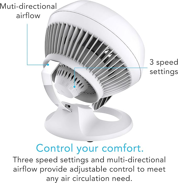 Vornado 460 Small Desk Fan with 3 Speed Settings, Adjustable Tilt Chrome Glide Bar, for Bedroom, Office, Home, Air Circulation up to 70 Feet, Quiet Table Fan, White
