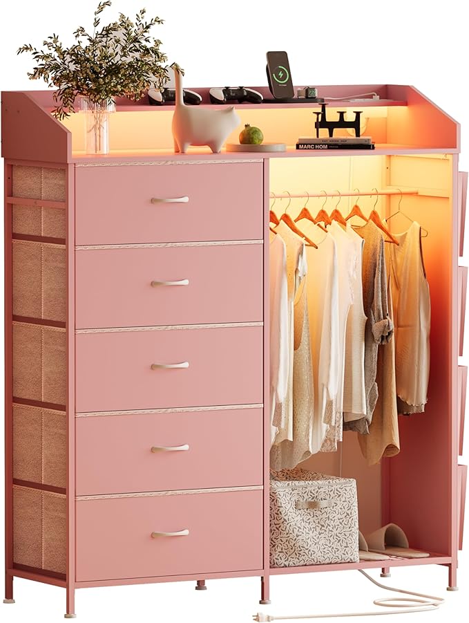 LUMTOK 2-in-1 Dresser with Hanging Racks,5 Fabric Drawers Dressers with LED Lights, Charging Station for Bedroom Living Room, Entryway, Closets (Pink)