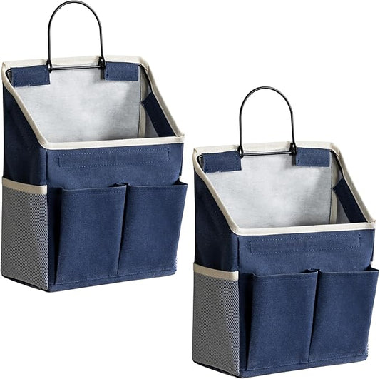 2pcs Wall Hanging Storage Bag, Small Door Closet Linen Fabric Pockets Organizer, Waterproof Multi Functional for Living Room Bedroom Bathroom Kitchen RV Camper with Hooks All Navy