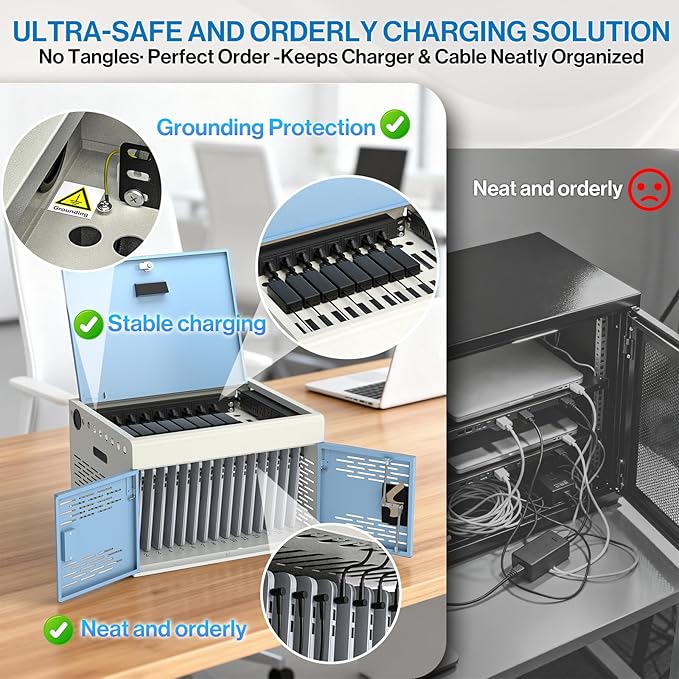 16-Unit Charging Cabinet for Laptops & Tablets - Locking Laptop Storage Box with Cable Management, Charger Storage, and Ground Protection for Classroom, Library, and Office(Blue)