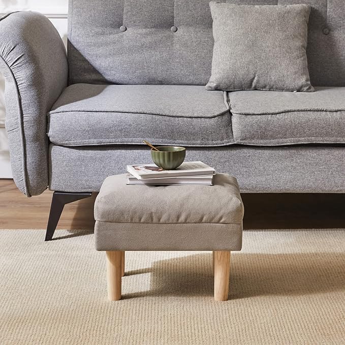 YMYNY 15.75" Small Foot Stool Ottoman, Footrest with Sponge Soft Padded Seat, Cotton-Linen Blend Fabric Footstool for Sofa, Bedroom, Living Room, Entryway, Solid Wood Legs, Gray, UHBD023G